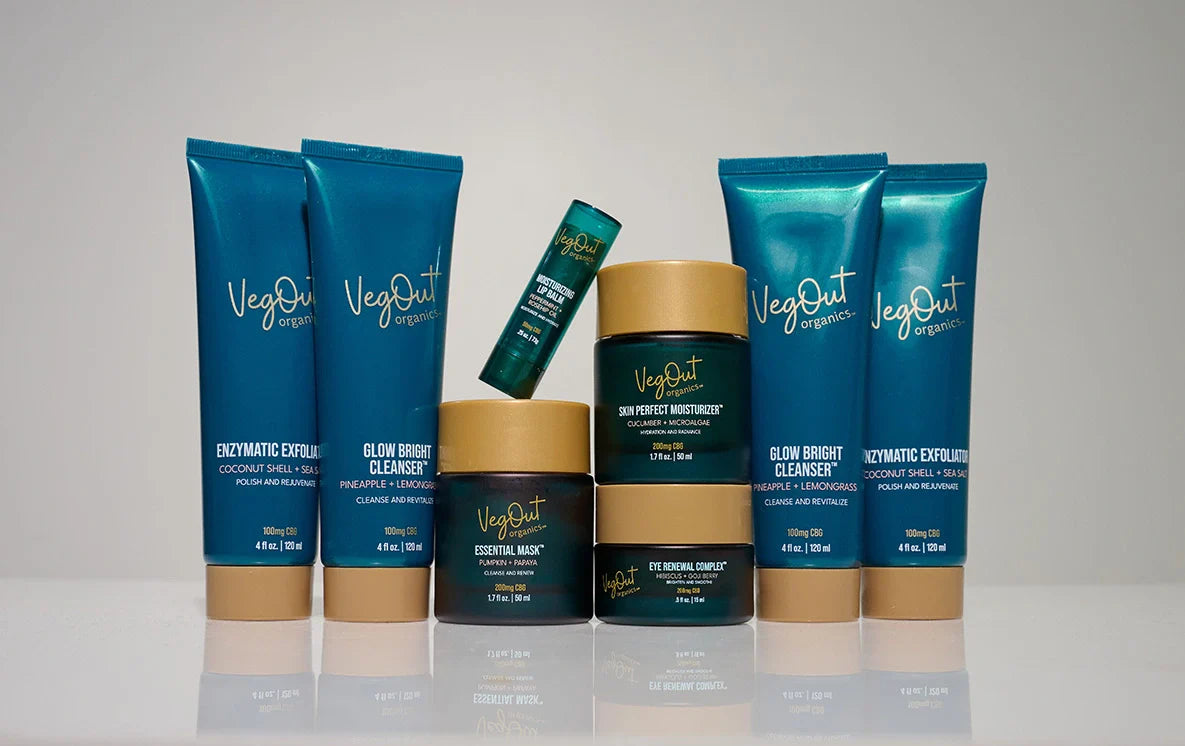 Complete Facial Deluxe Bundle from VegOut Organics featuring 8 skincare essentials including cleansers, exfoliators, moisturizers, mask, lip balm, and eye cream — all beautifully arranged in a premium, plant-based skincare set."