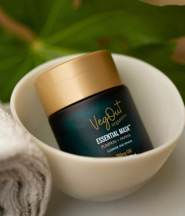 Veg Out Organics Essential Mask with pumpkin and papaya, a bleach-free skincare product designed to cleanse, renew, and brighten skin naturally.