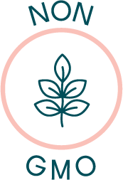 Non-GMO certified skincare icon with plant illustration in a pink circle.