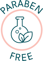 Paraben-free skincare icon with a lab beaker and leaf inside a pink circle.