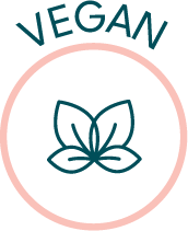 Vegan certification icon with a leaf symbol inside a circle, indicating the product is vegan-friendly."