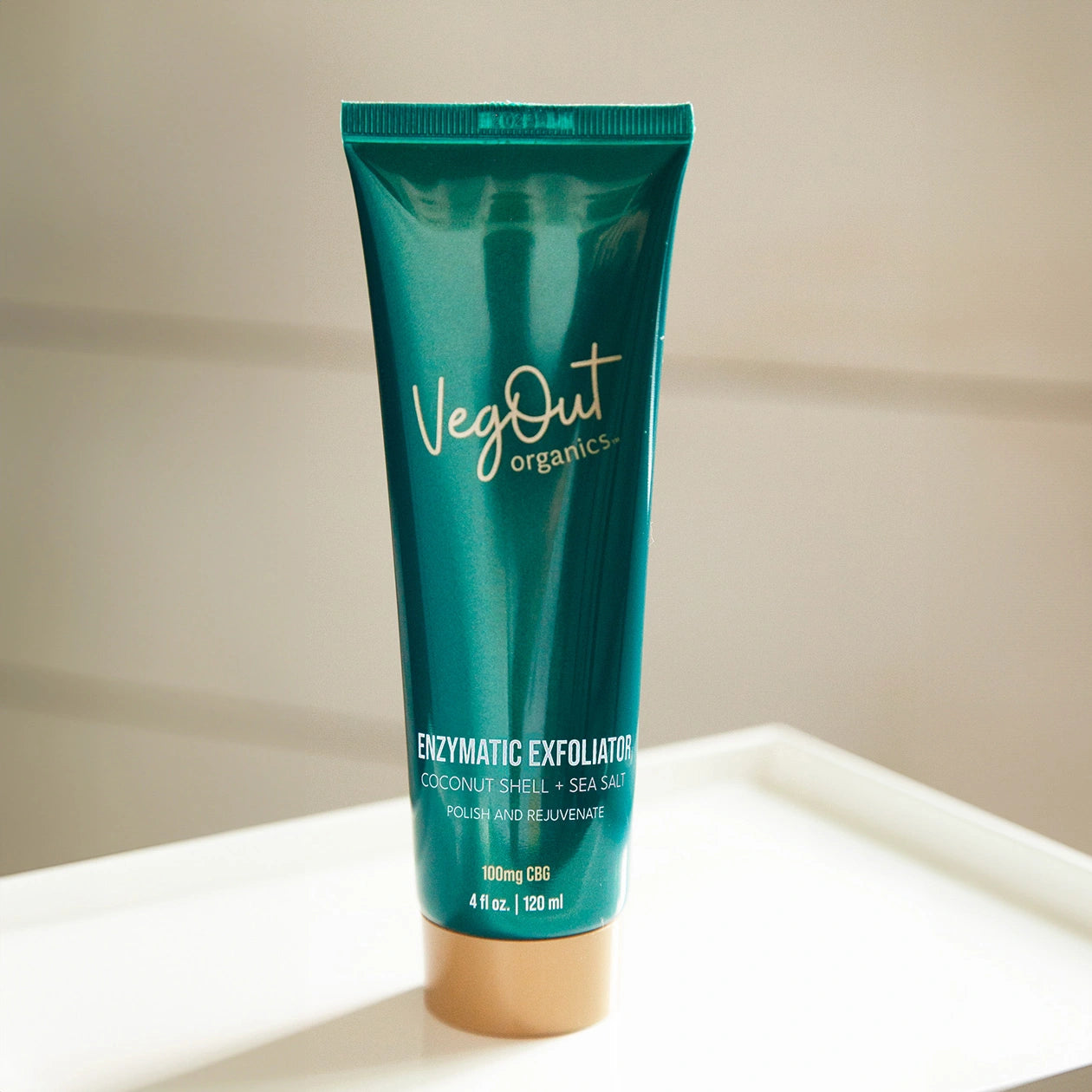VegOut Organics Enzymatic Exfoliator with Coconut Shell and Sea Salt to exfoliate dead skin, unclog pores, and reveal a smoother, brighter complexion.