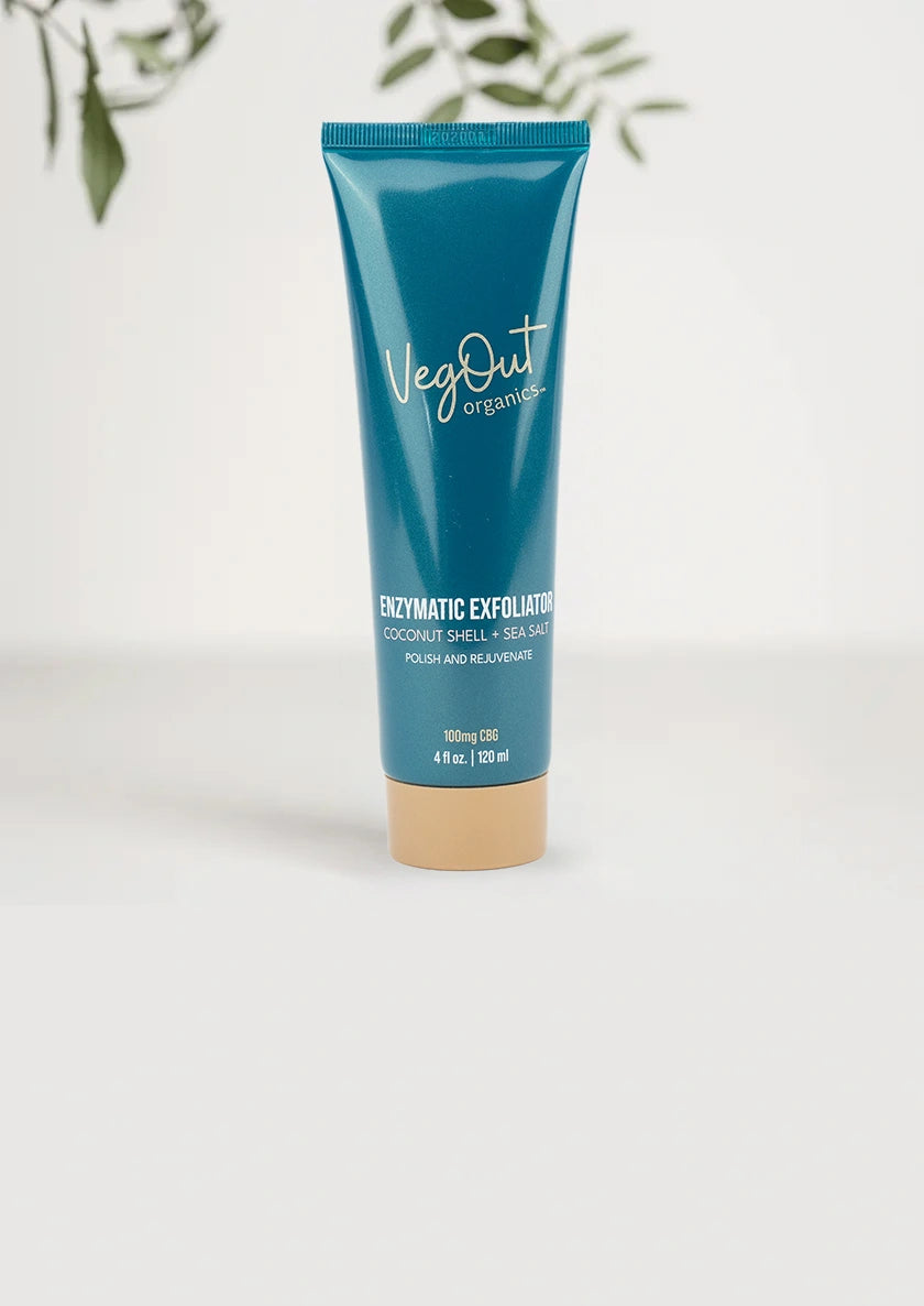 VegOut Organics enzymatic exfoliator with coconut shell and sea salt, designed to polish and rejuvenate the skin. The product  120 ml (4 oz).
