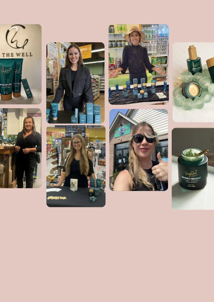 Wholesale partners showcasing Veg Out Organics vegan skincare at retail stores and demos across the U.S.