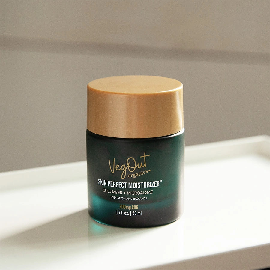 VegOut Organics Skin Perfect Moisturizer with cucumber and microalgae in a premium jar — deeply hydrates and boosts skin radiance with 200mg