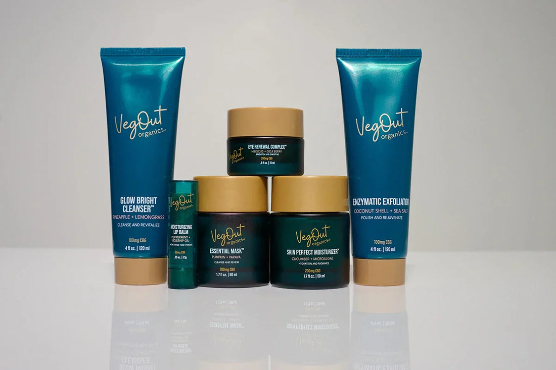 Complete Facial Bundle from Veg Out Organics featuring vegan, plant-based skincare essentials including cleanser, exfoliator, moisturizer, mask, lip balm, and eye cream.