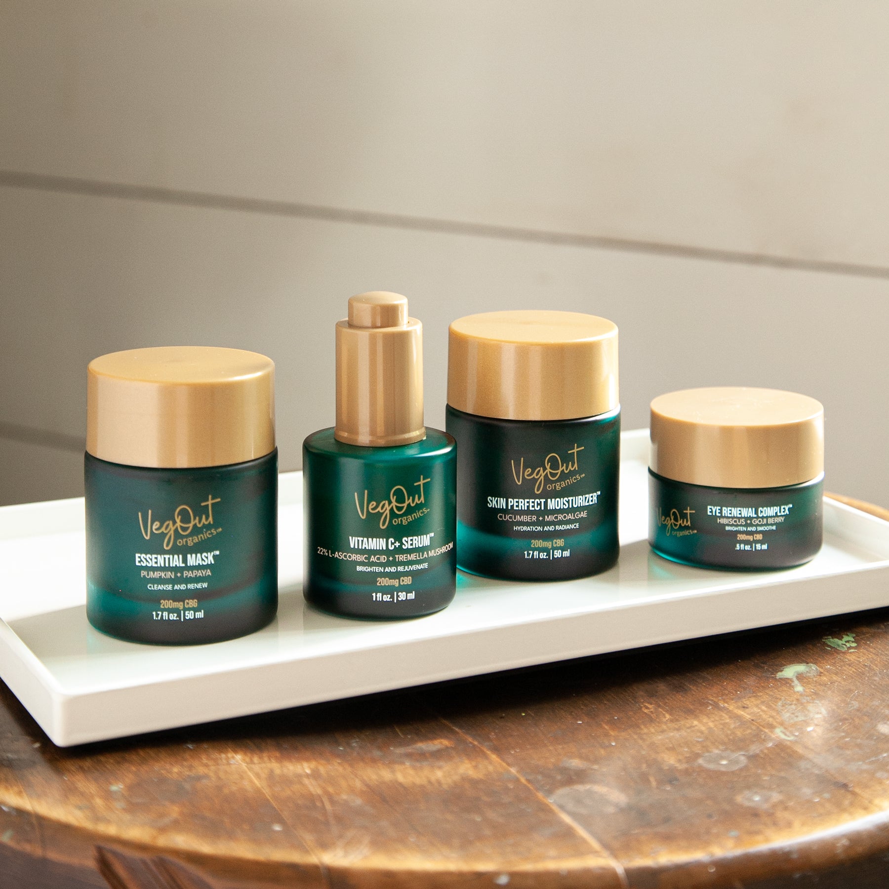 Anti-Aging Routine set, includes Essential Mask, Vitamin C+ Serum, Skin Perfect Moisturizer, and Eye Renewal Complex