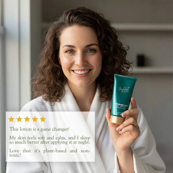 A smiling woman in a white bathrobe holds a green tube of VegOut Organics Magnesium Body Lotion while sharing a 5-star review. The testimonial praises the lotion for its calming effect, soft skin feel, and being plant-based and non-toxic.
