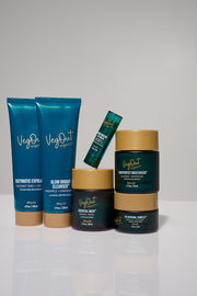 Complete vegan skincare bundle from Veg Out Organics featuring cleanser, exfoliator, lip balm, moisturizer, mask, and eye renewal cream—perfect for radiant skin.