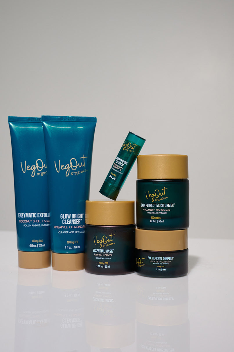 Complete vegan skincare bundle from Veg Out Organics featuring cleanser, exfoliator, lip balm, moisturizer, mask, and eye renewal cream—perfect for radiant skin.
