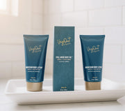 Two Magnesium Body Lotions and a boxed Chill Mode Body Oil from VegOut Organics, displayed on branded paper, showcasing a premium plant-based skincare set for deep hydration and relaxation.